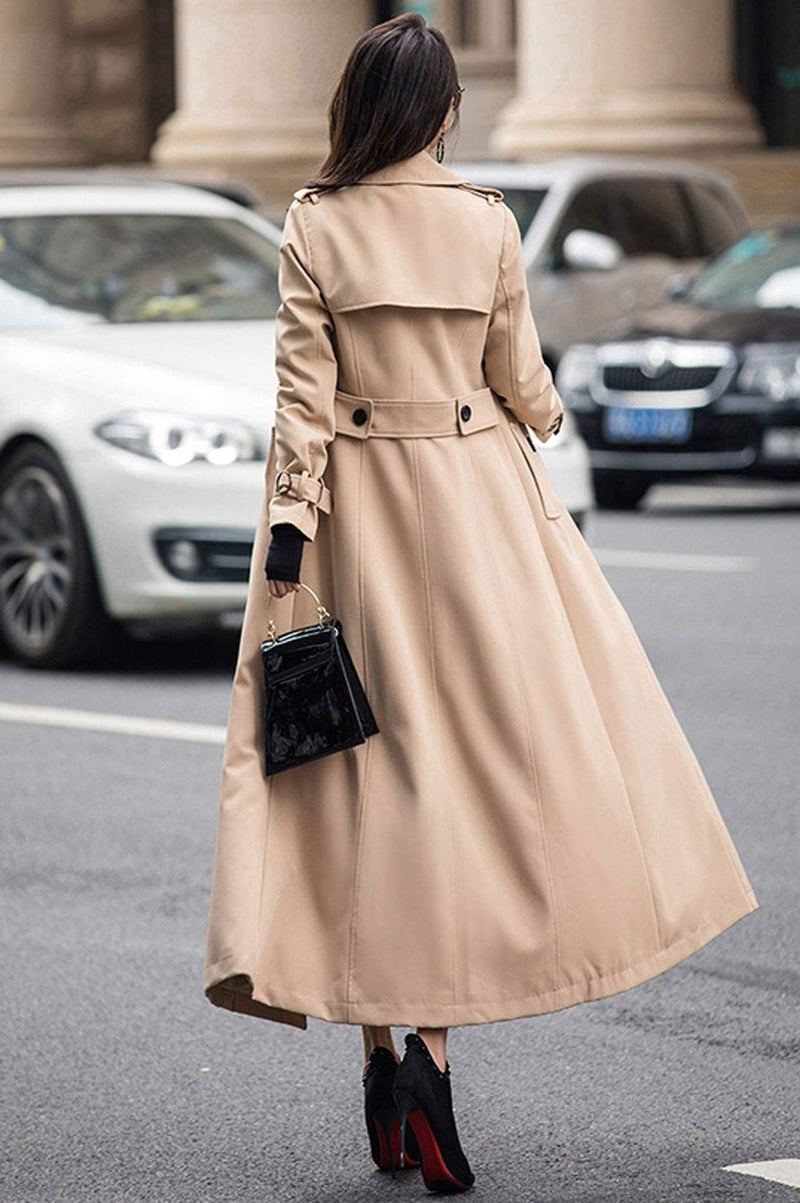 ebossy Women's Double Breasted Duster Trench Coat Slim Full Length Maxi Long Overcoat (Medium, Khaki) - Image 3